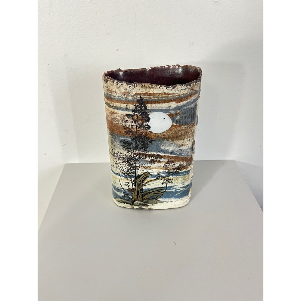 Unbranded Studio Pottery Vase Home Decor  Blue Tan Landscape Moon Slab Built